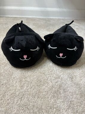 Black Cat Plush Slippers with Pink Heart Nose